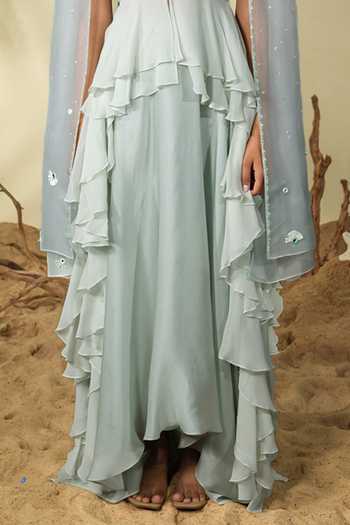 Shop_PIRI INDIA_Blue Chanderi, Georgette, Organza, Satin Sequins, Nia Blouse And Lehenga Set _Online_at_Aza_Fashions