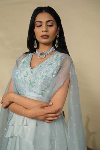 PIRI INDIA_Blue Chanderi, Georgette, Organza, Satin Sequins, Nia Blouse And Lehenga Set _at_Aza_Fashions