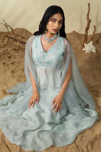 Buy_PIRI INDIA_Blue Chanderi, Georgette, Organza, Satin Sequins, Nia Blouse And Lehenga Set 