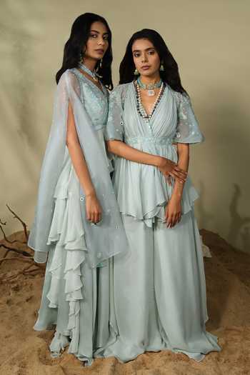 Shop_PIRI INDIA_Blue Chanderi, Georgette, Organza, Satin Sequins, Nia Blouse And Lehenga Set 