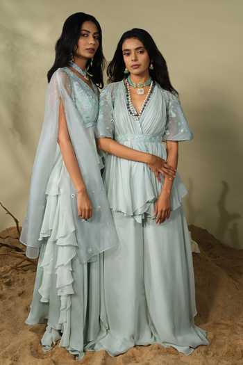 PIRI INDIA_Blue Georgette, Organza Sequins, Beads, Embroidery Inara Cape And Palazzo Set _Online_at_Aza_Fashions
