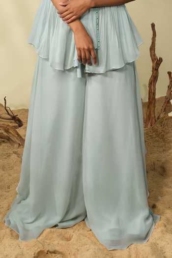 Buy_PIRI INDIA_Blue Georgette, Organza Sequins, Beads, Embroidery Inara Cape And Palazzo Set _Online_at_Aza_Fashions