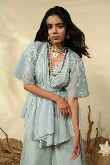 Shop_PIRI INDIA_Blue Georgette, Organza Sequins, Beads, Embroidery Inara Cape And Palazzo Set _Online_at_Aza_Fashions