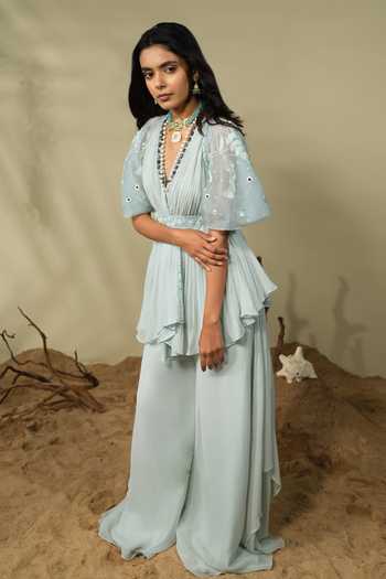 PIRI INDIA_Blue Georgette, Organza Sequins, Beads, Embroidery Inara Cape And Palazzo Set _at_Aza_Fashions