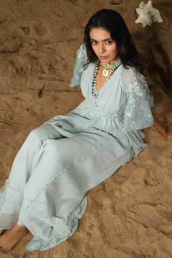 Buy_PIRI INDIA_Blue Georgette, Organza Sequins, Beads, Embroidery Inara Cape And Palazzo Set 