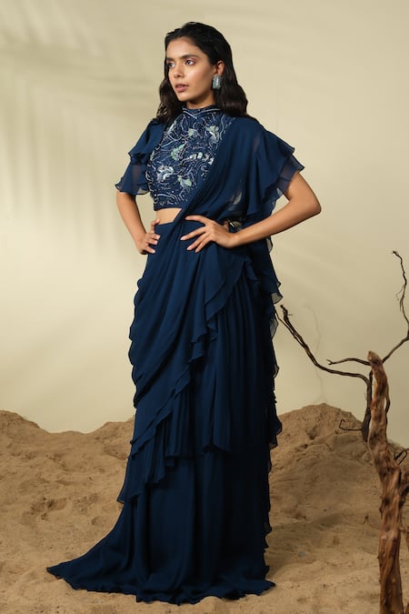 PIRI INDIA Blue Chanderi 3d Embroidered Rue Pre-draped Ruffle Saree With Blouse 