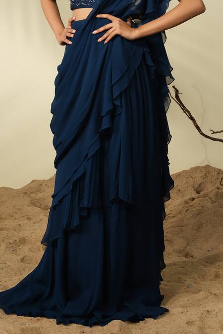 PIRI INDIA_Blue Chanderi, Georgette Sequins, Rue Pre-draped Ruffle Saree With Blouse _Online_at_Aza_Fashions