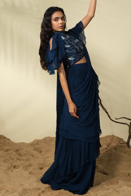 Buy_PIRI INDIA_Blue Chanderi, Georgette Sequins, Rue Pre-draped Ruffle Saree With Blouse _Online_at_Aza_Fashions