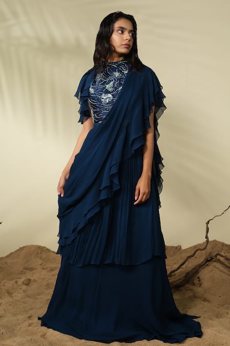 PIRI INDIA_Blue Chanderi, Georgette Sequins, Rue Pre-draped Ruffle Saree With Blouse _at_Aza_Fashions