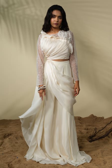 PIRI INDIA_Ivory Tulle, Satin, Crepe Sequins, Beads, Embroidery Tara Top And Palazzo Set _Online_at_Aza_Fashions