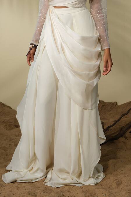 Buy_PIRI INDIA_Ivory Tulle, Satin, Crepe Sequins, Beads, Embroidery Tara Top And Palazzo Set _Online_at_Aza_Fashions