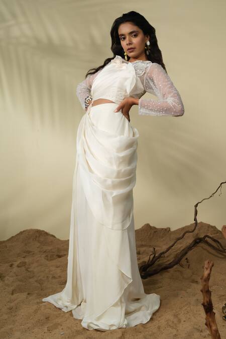 Shop_PIRI INDIA_Ivory Tulle, Satin, Crepe Sequins, Beads, Embroidery Tara Top And Palazzo Set _Online_at_Aza_Fashions