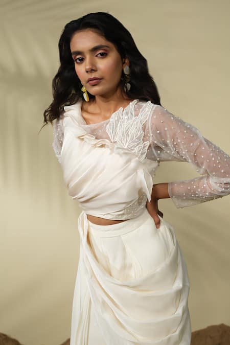 PIRI INDIA_Ivory Tulle, Satin, Crepe Sequins, Beads, Embroidery Tara Top And Palazzo Set _at_Aza_Fashions
