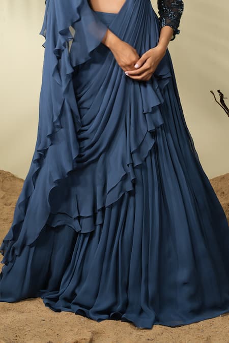 PIRI INDIA_Blue Organza, Georgette, Tahani Pre-draped Ruffle Lehenga Saree With Blouse _Online_at_Aza_Fashions