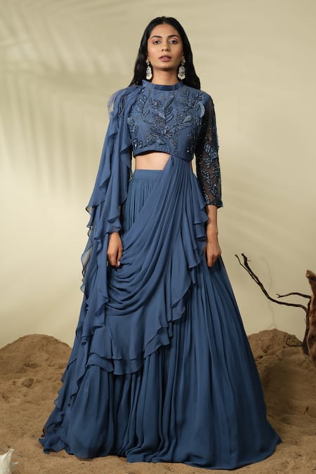 Buy_PIRI INDIA_Blue Organza, Georgette, Tahani Pre-draped Ruffle Lehenga Saree With Blouse _Online_at_Aza_Fashions