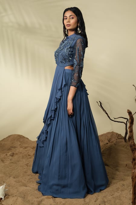 Shop_PIRI INDIA_Blue Organza, Georgette, Tahani Pre-draped Ruffle Lehenga Saree With Blouse _Online_at_Aza_Fashions