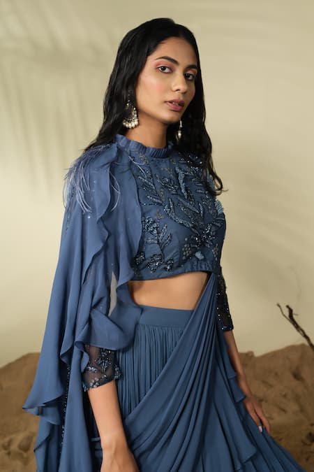 PIRI INDIA_Blue Organza, Georgette, Tahani Pre-draped Ruffle Lehenga Saree With Blouse _at_Aza_Fashions
