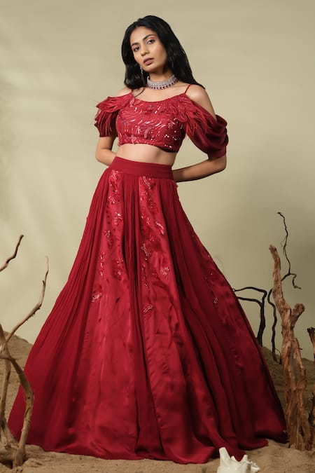 PIRI INDIA_Red Chanderi, Satin, Georgette Sequins, Beads, Ora Blouse And Lehenga Set _Online_at_Aza_Fashions