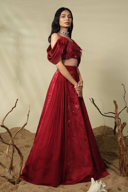 Buy_PIRI INDIA_Red Chanderi, Satin, Georgette Sequins, Beads, Ora Blouse And Lehenga Set _Online_at_Aza_Fashions