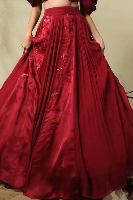 Shop_PIRI INDIA_Red Chanderi, Satin, Georgette Sequins, Beads, Ora Blouse And Lehenga Set _Online_at_Aza_Fashions