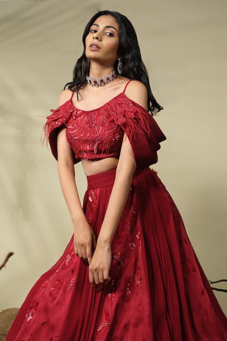 PIRI INDIA_Red Chanderi, Satin, Georgette Sequins, Beads, Ora Blouse And Lehenga Set _at_Aza_Fashions