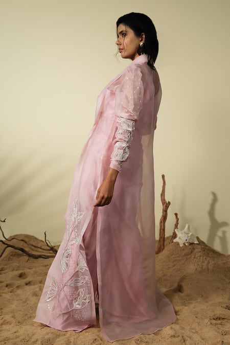 Shop PIRI INDIA Pink Organza, Chanderi Sequins, Beads, Embroidery Shelly Jumpsuit With Overcoat at Aza Fashions Shop_PIRI INDIA_Pink Organza, Chanderi Sequins, Beads, Embroidery Shelly Jumpsuit With Overcoat _at_Aza_Fashions