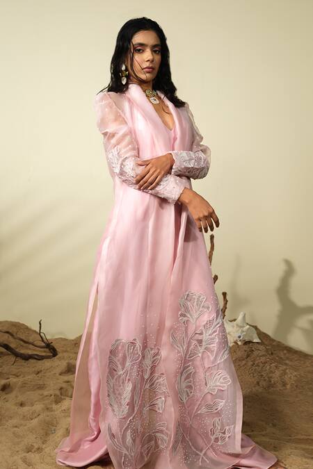 Shop PIRI INDIA Pink Organza, Chanderi Sequins, Beads, Embroidery Shelly Jumpsuit With Overcoat Online at Aza Fashions Shop_PIRI INDIA_Pink Organza, Chanderi Sequins, Beads, Embroidery Shelly Jumpsuit With Overcoat _Online_at_Aza_Fashions