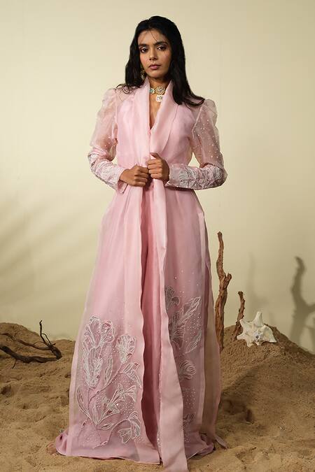 PIRI INDIA Pink Organza, Chanderi Sequins, Beads, Embroidery Shelly Jumpsuit With Overcoat at Aza Fashions PIRI INDIA_Pink Organza, Chanderi Sequins, Beads, Embroidery Shelly Jumpsuit With Overcoat _at_Aza_Fashions