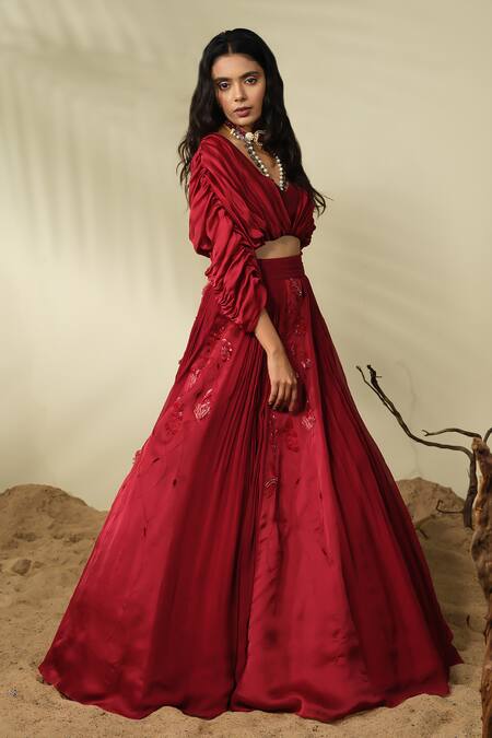 Buy_PIRI INDIA_Red Chanderi, Satin, Georgette Beads, Sequins, Siena Lehenga With Blouse _Online_at_Aza_Fashions