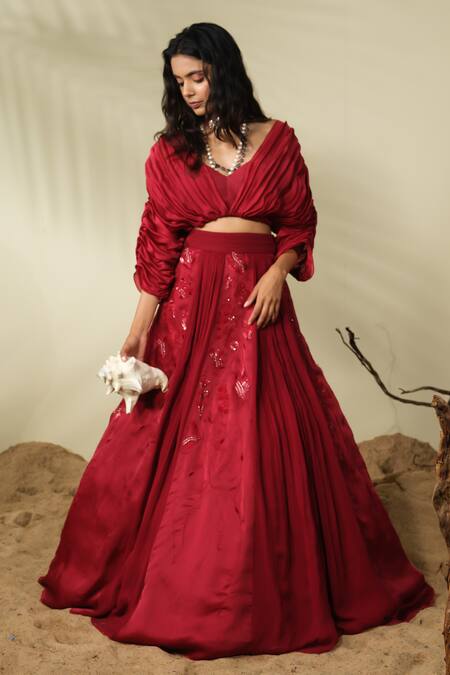 Shop_PIRI INDIA_Red Chanderi, Satin, Georgette Beads, Sequins, Siena Lehenga With Blouse _Online_at_Aza_Fashions