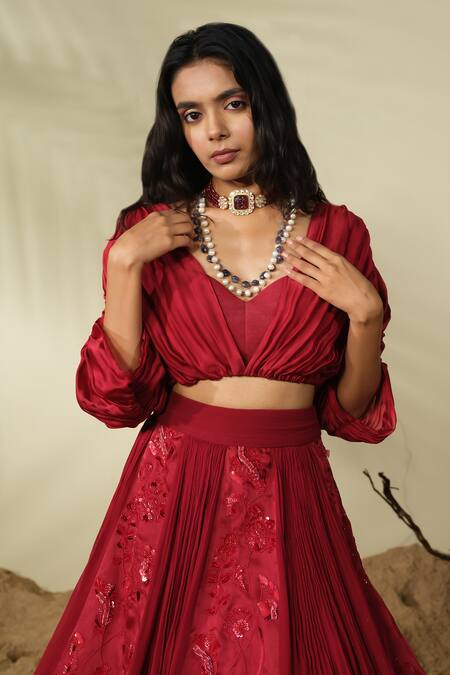 PIRI INDIA_Red Chanderi, Satin, Georgette Beads, Sequins, Siena Lehenga With Blouse _at_Aza_Fashions