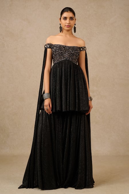 Tarun Tahiliani Black Crinkle Embroidered Sequin Off Shoulder Neck Yoke Kurta And Sharara Set 