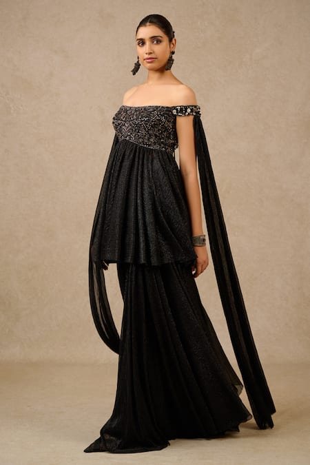 Buy_Tarun Tahiliani_Black Crepe Sequins, Crystals, Beads Embroidered Yoke Kurta And Sharara Set_Online_at_Aza_Fashions