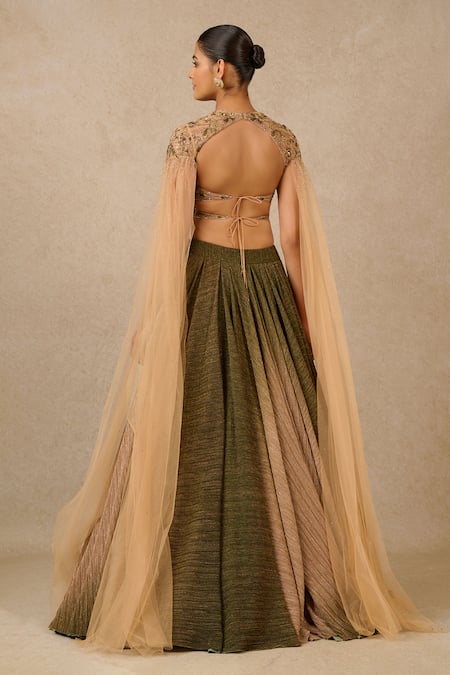 Shop Tarun Tahiliani Green Silk, Tulle Embroidery, Sequins, Crystals Round Ombre Skirt And Blouse Set at Aza Fashions Shop_Tarun Tahiliani_Green Silk, Tulle Embroidery, Sequins, Crystals Round Ombre Skirt And Blouse Set_at_Aza_Fashions