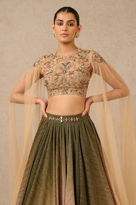 Tarun Tahiliani Green Silk, Tulle Embroidery, Sequins, Crystals Round Ombre Skirt And Blouse Set Online at Aza Fashions Tarun Tahiliani_Green Silk, Tulle Embroidery, Sequins, Crystals Round Ombre Skirt And Blouse Set_Online_at_Aza_Fashions