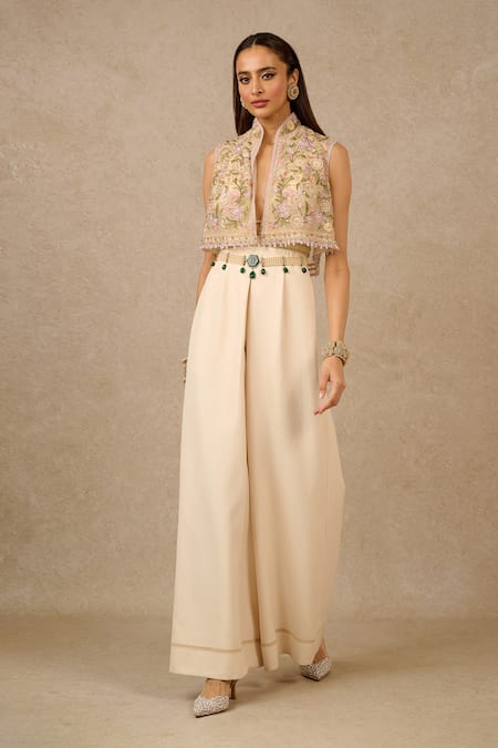 Tarun Tahiliani Ivory Tulle Embroidered And Embellished Gara High Neck Collar Thread Gillet 