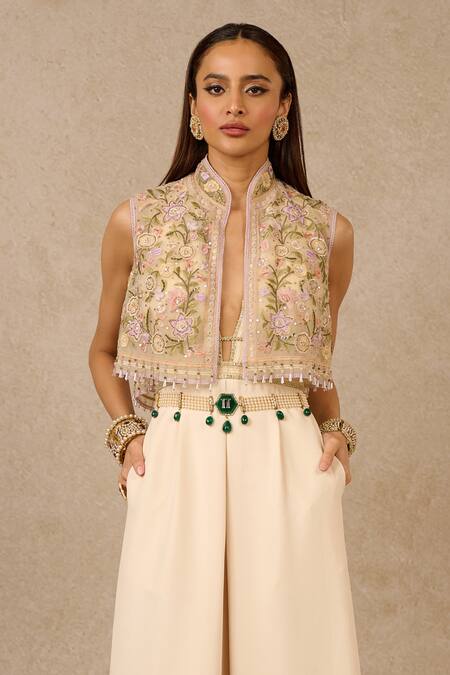 Tarun Tahiliani_Ivory Tulle Crystals, Beads High Neck Gara Thread Embroidered Gillet_Online_at_Aza_Fashions