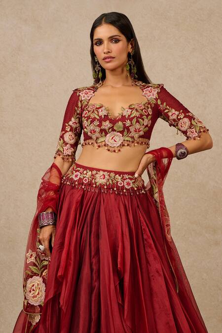 Tarun Tahiliani_Maroon Tulle, Organza Embroidery, Beads Gara Blouse Ruffle Lehenga Set_Online_at_Aza_Fashions