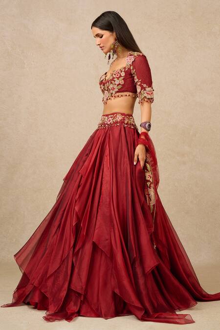 Buy_Tarun Tahiliani_Maroon Tulle, Organza Embroidery, Beads Gara Blouse Ruffle Lehenga Set_Online_at_Aza_Fashions