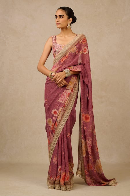 Tarun Tahiliani Purple Saree Charmeuse Satin Printed And Embellished Floral & Blouse Set 