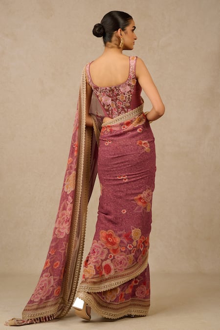 Shop Tarun Tahiliani Purple Georgette Pearls, Beads, Diamonds Scoop Floral Print Saree And Blouse Set at Aza Fashions Shop_Tarun Tahiliani_Purple Georgette Pearls, Beads, Diamonds Scoop Floral Print Saree And Blouse Set_at_Aza_Fashions