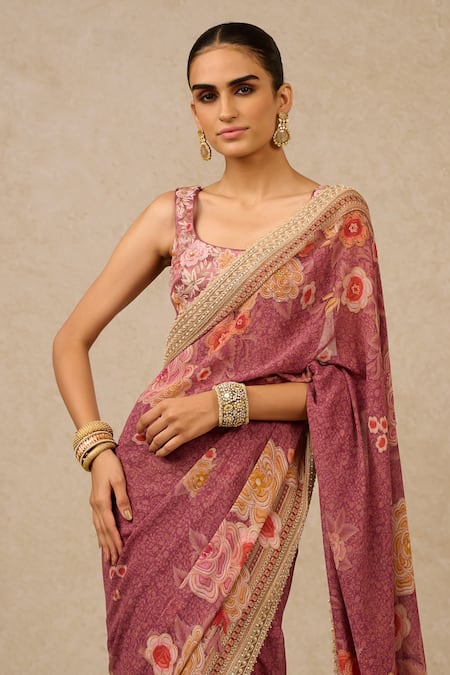 Tarun Tahiliani Purple Georgette Pearls, Beads, Diamonds Scoop Floral Print Saree And Blouse Set Online at Aza Fashions Tarun Tahiliani_Purple Georgette Pearls, Beads, Diamonds Scoop Floral Print Saree And Blouse Set_Online_at_Aza_Fashions