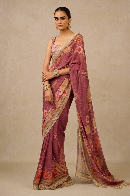 Buy Tarun Tahiliani Purple Georgette Pearls, Beads, Diamonds Scoop Floral Print Saree And Blouse Set Online at Aza Fashions Buy_Tarun Tahiliani_Purple Georgette Pearls, Beads, Diamonds Scoop Floral Print Saree And Blouse Set_Online_at_Aza_Fashions