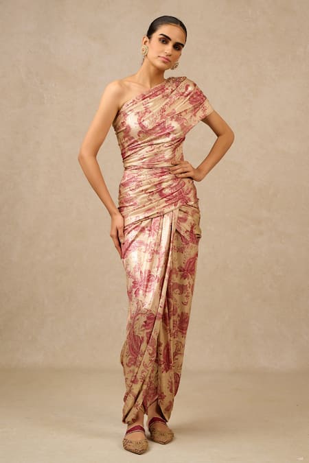 Buy_Tarun Tahiliani_Gold Jersey Pearls, Sequins, Beads One Printed Draped Top And Dhoti Trouser Set_Online_at_Aza_Fashions