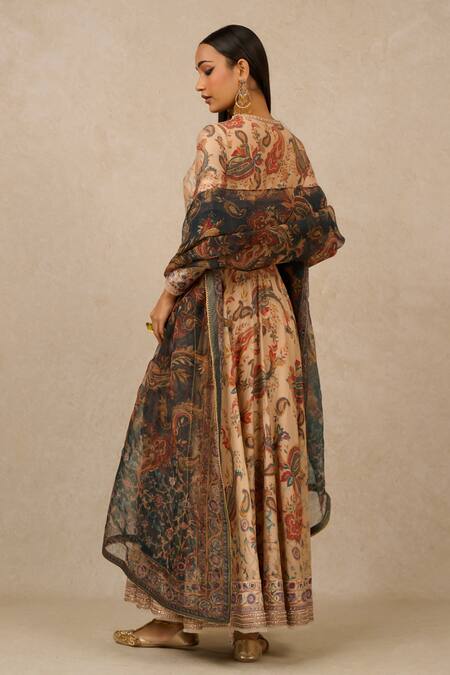 Shop Tarun Tahiliani Multi Color Chanderi, Silk Sequins, Embroidery Round Paisley Print Anarkali Set at Aza Fashions Shop_Tarun Tahiliani_Multi Color Chanderi, Silk Sequins, Embroidery Round Paisley Print Anarkali Set_at_Aza_Fashions