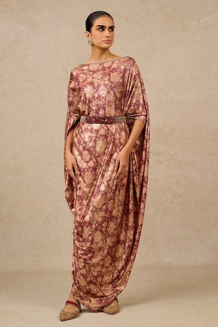 Tarun Tahiliani Wine Foil Jersey Printed And Embroidered Botanical Boat Cowl Draped Dress 