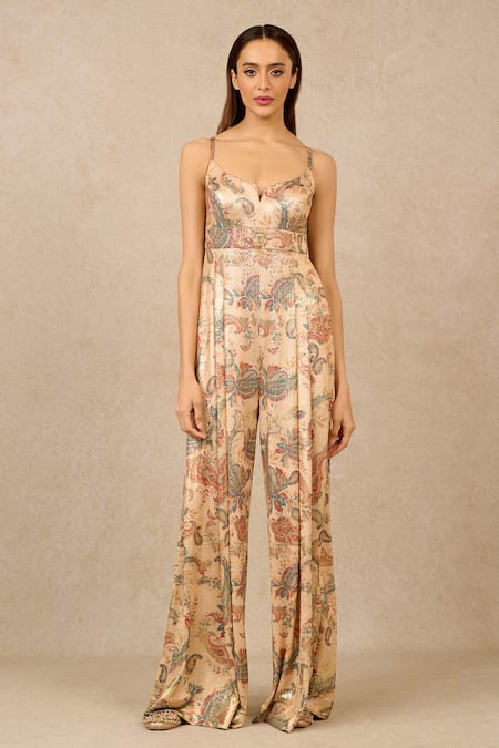 Tarun Tahiliani Multi Color Foil Jersey Printed And Embellished Vintage Cowl Flared Jumpsuit 