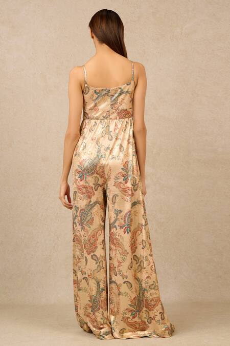 Shop Tarun Tahiliani Multi Color Brooches Round Neck Vintage Print Cowl Flared Jumpsuit at Aza Fashions Shop_Tarun Tahiliani_Multi Color Brooches Round Neck Vintage Print Cowl Flared Jumpsuit_at_Aza_Fashions