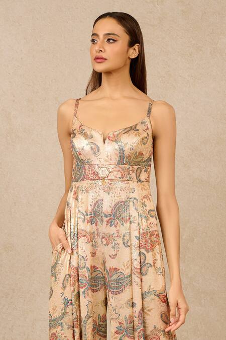 Tarun Tahiliani Multi Color Brooches Round Neck Vintage Print Cowl Flared Jumpsuit Online at Aza Fashions Tarun Tahiliani_Multi Color Brooches Round Neck Vintage Print Cowl Flared Jumpsuit_Online_at_Aza_Fashions
