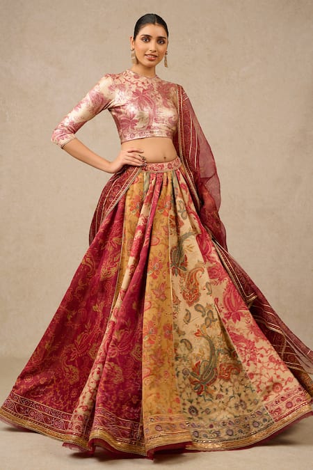 Tarun Tahiliani Multi Color Lehenga Kasab Satin Printed And Embellished Panelled Bridal Set